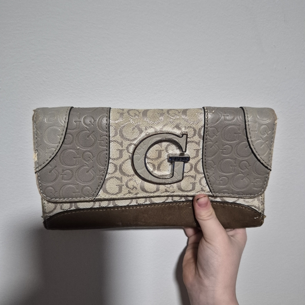 Gray and Brown Designer Clutch Guess